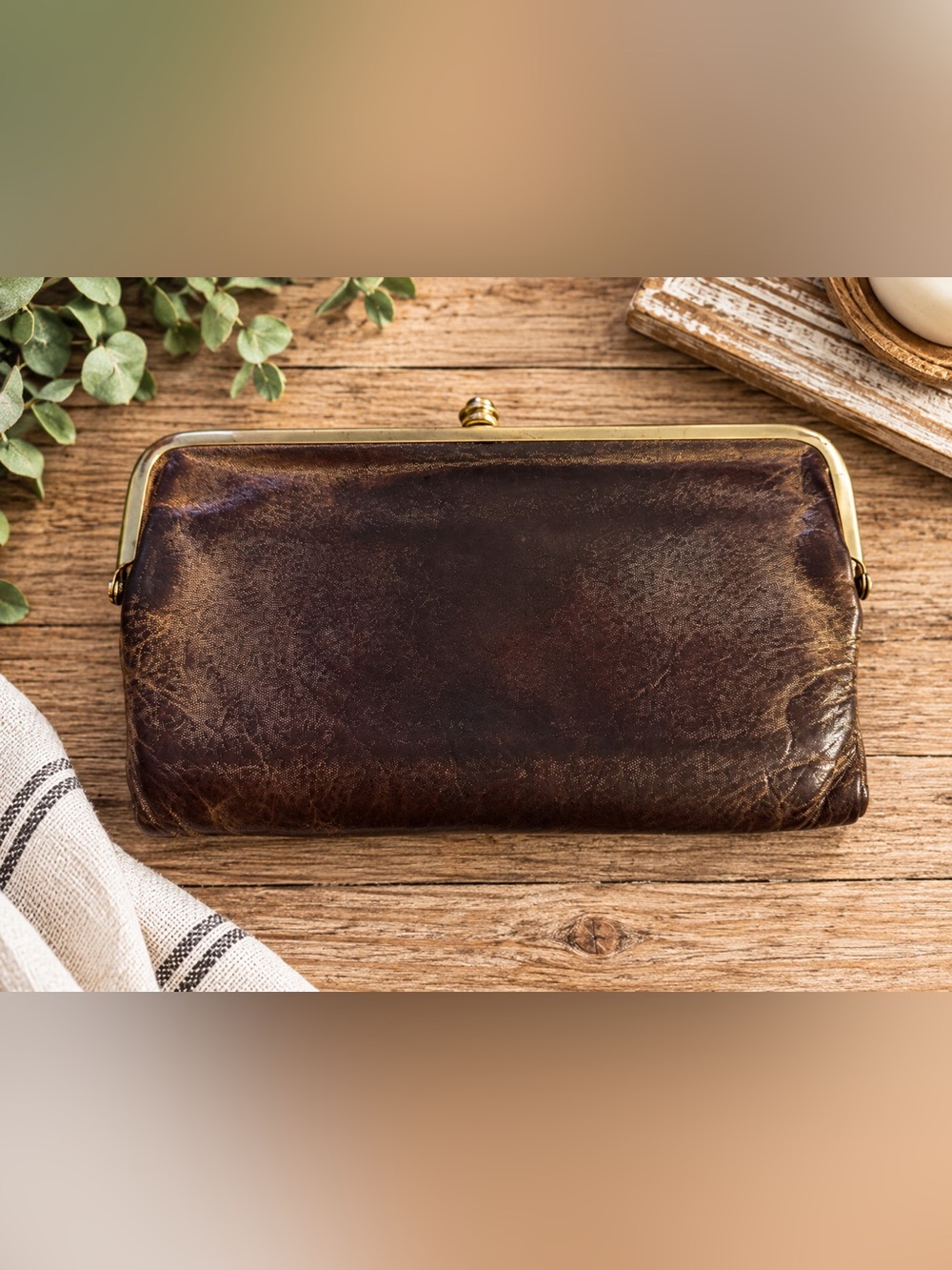 HOBO Vintage Lauren Clutch Wallet Metallic Brown Bronze Leather Kiss Lock